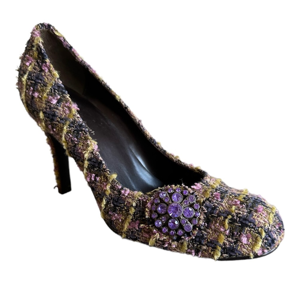 Amanda Smith Retro Boucle Tweed Heels with Rhinestone Jewel Embellishment